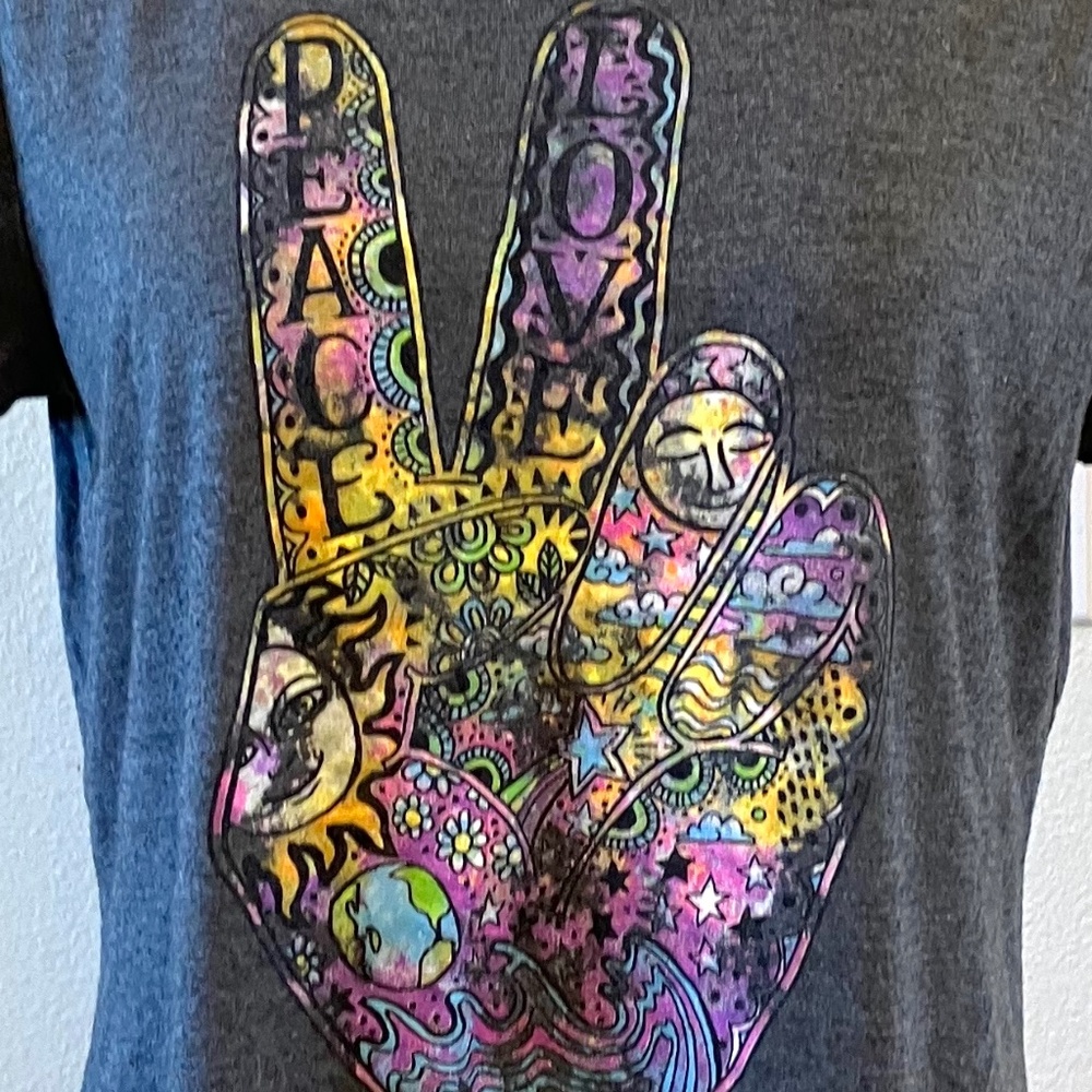 Groovy gray t-shirt with multicolored peace sign ✌🏼, Modern Lux, est. size L - Picture 3 of 6